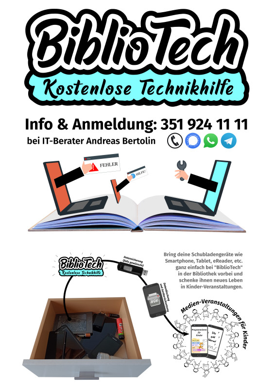 Komm mit deinen Fragen zu Smartphone, Tablet, Laptop, E-Book-Reader, SPID & Bürgerkarte in die Bibliothek und erhalte kostenlose Antworten und Hilfe!